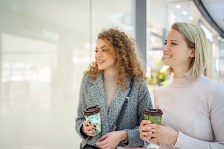 Women friends enjoying coffee and shopping at mallの写真素材