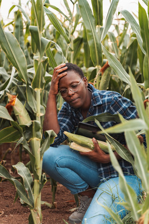 Worried african female farmer analyzing corn crops with digital tablet in cultivated farmlandの写真素材