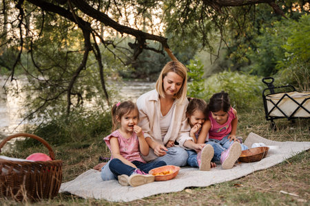 Mother enjoying picnic by the river with her three daughtersの写真素材