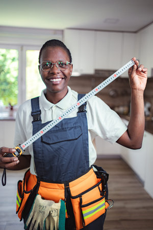 Smiling african american craftswoman holding measuring tape looking at cameraの写真素材
