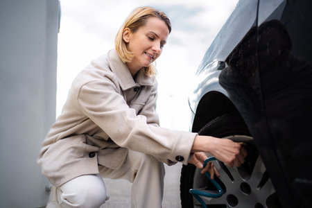 Woman inflating car tire at gas station using air pump