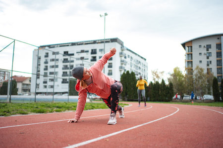Young adult woman stretching on running track preparing for workout