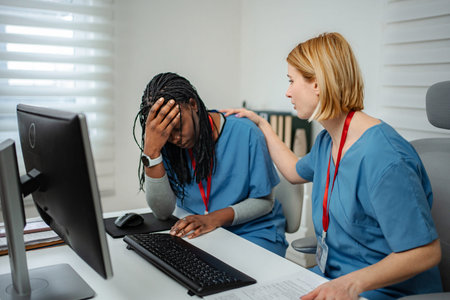 Healthcare worker experiencing burnout with supportive colleague