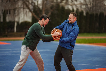 Two men competing for basketball on outdoor court