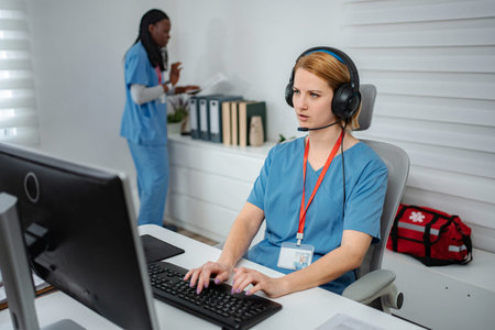 Healthcare employee talking on headset at computer