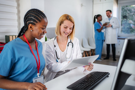 Medical professionals collaborating on documents in clinic officeの写真素材
