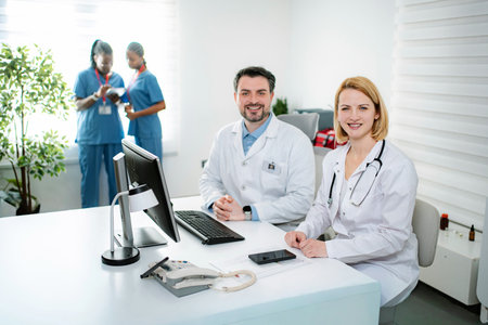 Medical professionals smiling in modern clinic officeの写真素材
