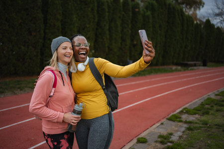 Diverse women friends taking selfie after workout