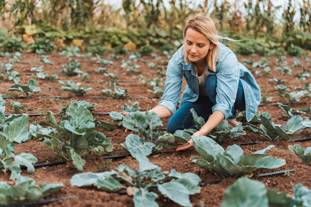 Young farmer woman working in a field of cabbage
