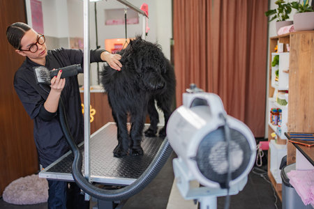Groomer drying and brushing black dog fur in pet salon