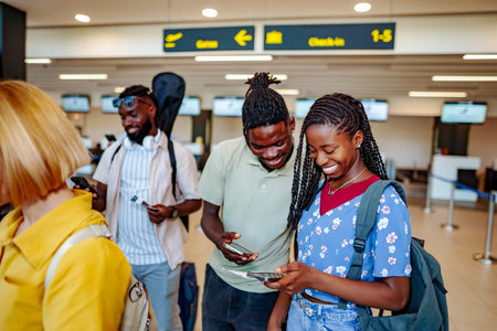 Young African friends checking phone content at airport