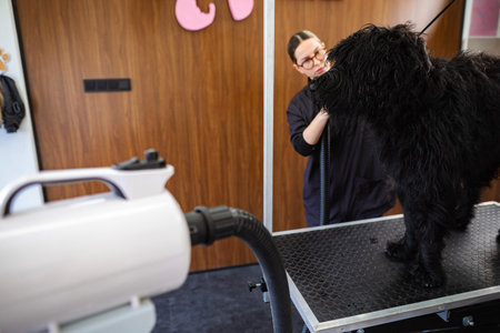 Professional groomer drying large black dog in pet salon