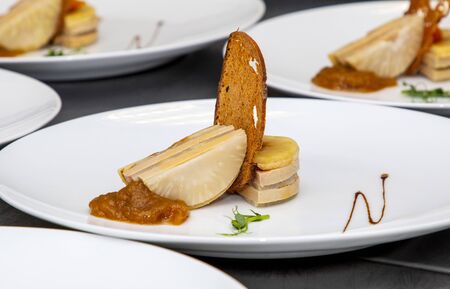 stylish fresh trendy new french foie gras on a plateの写真素材