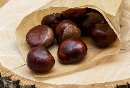 Fresh clean shiny chestnuts in paper wrappingの写真素材