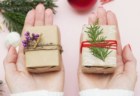 handmade decorations for the holiday, gift wrapping, girl packs giftの写真素材