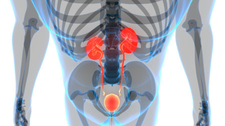 3D Illustration Concept of Human Urinary System Kidneys with Bladder Anatomyの写真素材