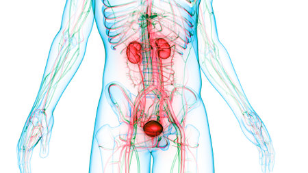 3D Illustration Concept of Human Urinary System Kidneys with Bladder Anatomyの写真素材