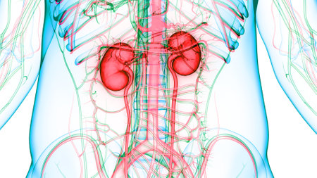 3D Illustration Concept of Human Urinary System Kidneys with Bladder Anatomyの写真素材