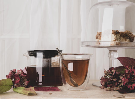 The beautiful autumn coffee tableの写真素材