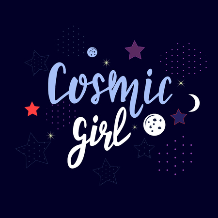 Cosmic girl lettering T-shirt design print with stars and planetのイラスト素材