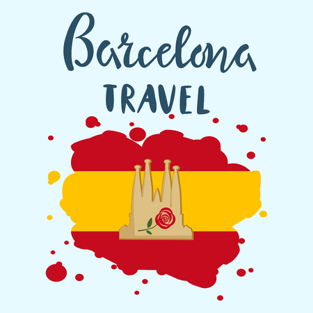 Barcelona travel lettering with Cathedral silhouette, rose, flag tourist design style template, brochure, invitation card. Vector illustrationのイラスト素材