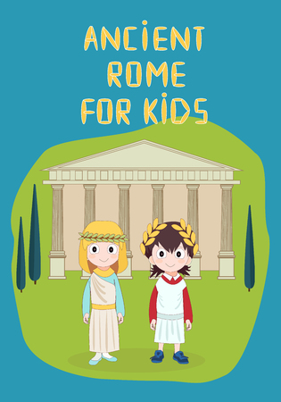 Ancient Rome for children vector illustration with Temple, girl and boy wearing ancient costume, for school historyのイラスト素材