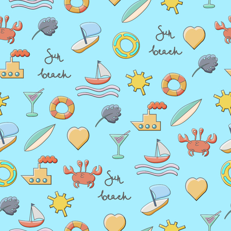 Summer Pattern with sea,crab, ships, sun, boat, heart,rubber ring and waves on background. Vector illustrationのイラスト素材