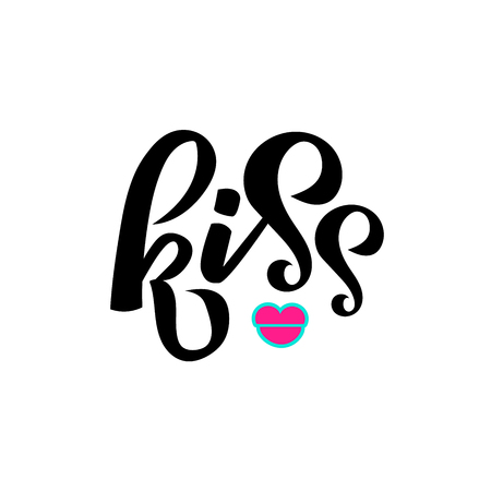 KISS lettering hand drawn text with lips as badge, icon, poster, sticker, card, romantic quoteのイラスト素材