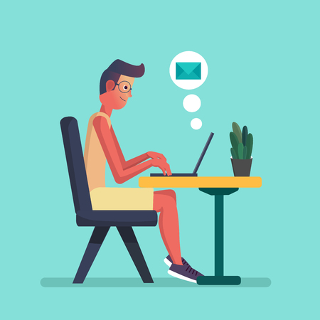 Young Man working on laptop. Flat cartoon person character, freelancer workplace, work desk. Vector illustrationのイラスト素材