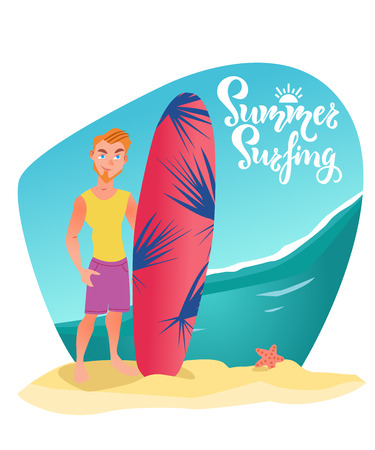 Surfer man stands with surfboard on the beach. Vector cartoon character illustration. Summer surfing text, quote. Holiday, waves on the sea, seastar on the sandのイラスト素材