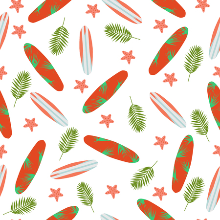 Sea seamless pattern with surfboards, palm leaf and starfish on white background. Vector illustration as fabric, textile, clothes.のイラスト素材