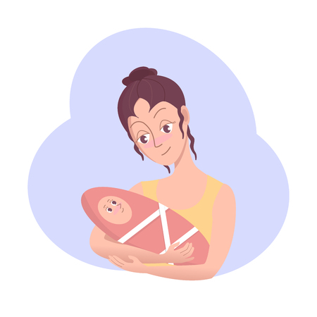 Happy Woman holding a newborn baby GIRL in her arms. Vector cartoon illustration in flat styleのイラスト素材