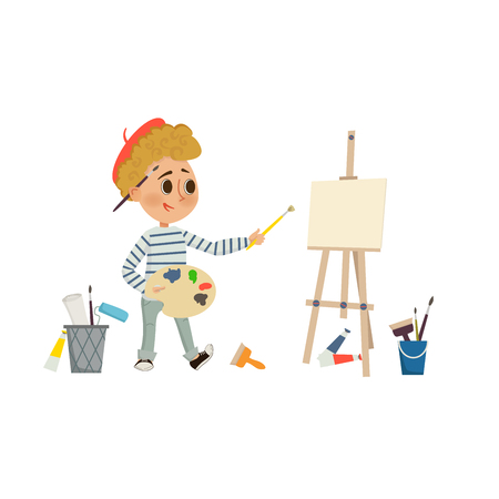 Artist Boy drawing and painting picture with brush and palette on the easel. Children art and design school concept. Cartoon illustration in flat styleのイラスト素材