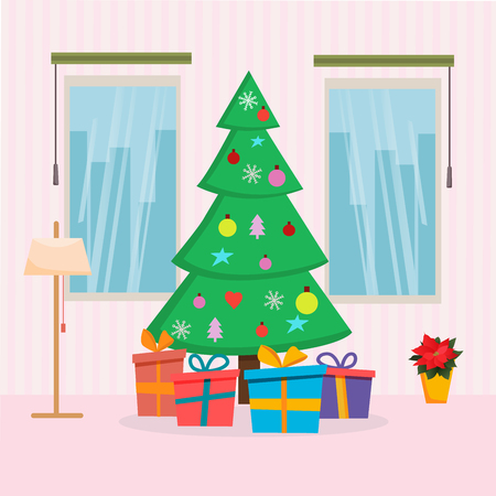 Christmas Home interior with tree, presents, window and lamp. Flat cartoon style vector illustration. Christmas and New Year cardsのイラスト素材