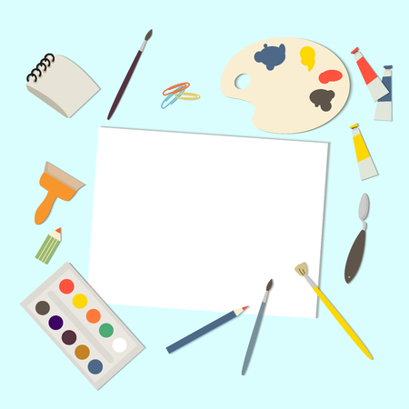 Painting tools elements concept. Art supplies easel, paper canvas, paint tubes, brushes, watercolor. Cartoon vector illustration. Art instruments symbols collection.のイラスト素材