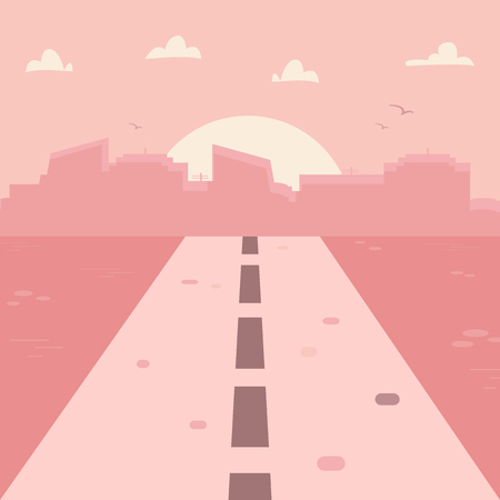 Cityscape with road, houses, skyscrapers. Vector illustration of urban background for poster, card and brochureのイラスト素材