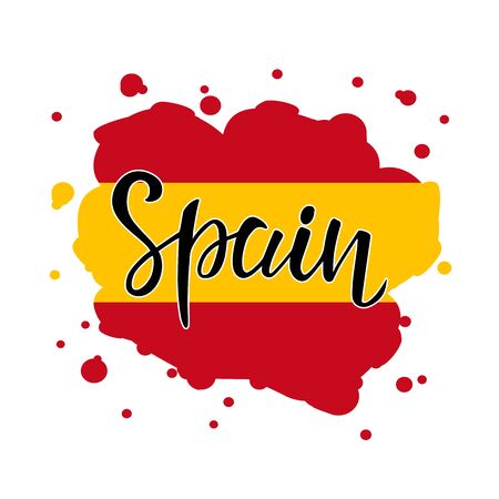Spain lettering text with abstract Flag silhouette. Travel design template for brochure, invitation card, logo and stickers. Vector illustration.のイラスト素材