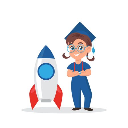 Cute little girl in graduation cap. Schoolgirl standing with rocket. Illustration Mascot for school, education and development center.のイラスト素材