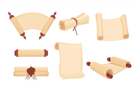 Cartoon old paper scroll and parchment vector set. Open and convolute antique manuscript on wood...