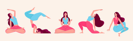 Yogi women doing Yoga exercises. People practicing Yoga Setのイラスト素材