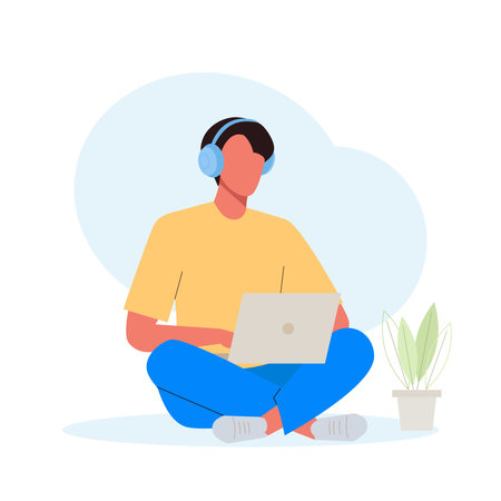 Man student in the headphones studying with laptop. Online distance education concept. E-learning by webinar training or lecture. flat vector illustrationのイラスト素材