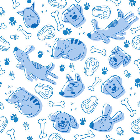 Funny blue seamless pattern with hand drawn doodle dogs, paw prints and bones. Vector animal character on white background. Cute surface design for fabric, textile design, wrapping paperのイラスト素材