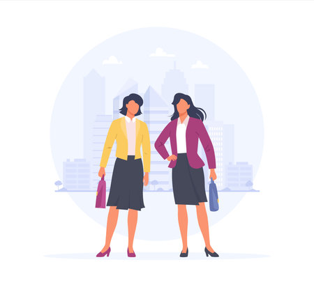 Women in business concept. Two female characters in business suits holding briefcases on the city background. flat vector illustrationのイラスト素材