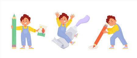 Children art and design school concept. Artist boy is drawing doodles on the floor with a big pencil, sitting on a tube of paint, and holding a picture. Funny cartoon kids character setのイラスト素材