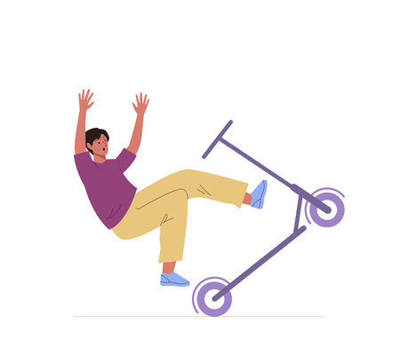 Guy falling down from electric scooter without helmet after accident on road. health risks. Cartoon flat style isolated vector conceptのイラスト素材