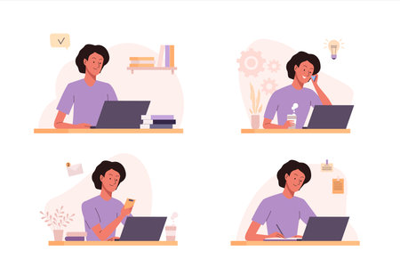 Office working process Set. Woman sitting at the table with laptop, documents and talking by phone. Home workplace for education, remote work, teleworking. Business people illustration in flat designのイラスト素材