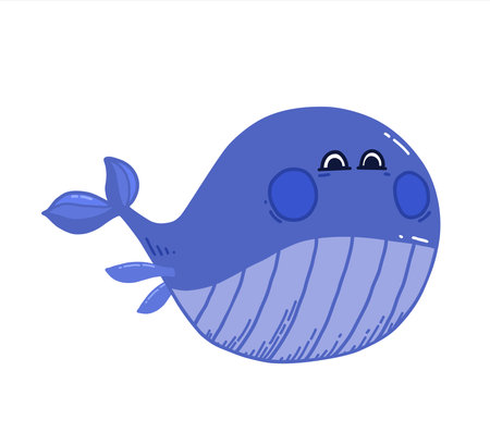 Cute blue Whale in doodle style. Hand drawn Sea animal isolated on white background for childrens stickers, postcard, baby shower card.のイラスト素材