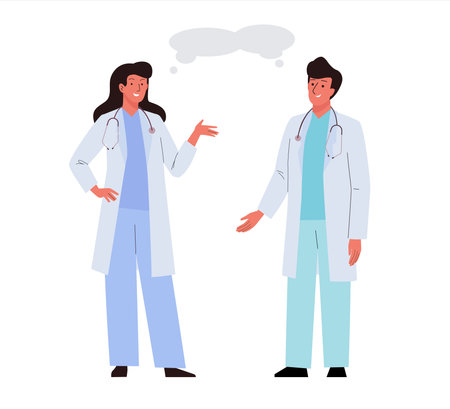 Two doctors in white uniform talk about medicine. Medical workers characters man and woman colleagues. Professional dialogue. Flat vector illustrationのイラスト素材