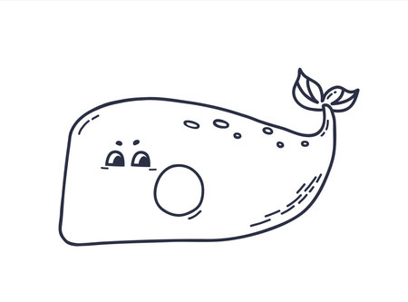 Big Whale in doodle style. Hand drawn sea animal line art. Vector illustration isolated on white background for childrens stickers, postcard and coloring bookのイラスト素材