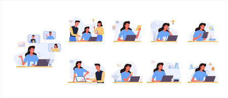 Young Woman character at Work Using Laptop. Collection of scenes at office. Girl working, education, browsing Internet, chatting, communicate with their colleagues. Vector illustration setのイラスト素材